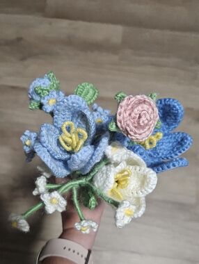 Handmade Crochet Flower Bouquet - Blue, White & Pink
